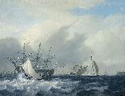 Nicolaas Baur Warship 'Amsterdam' on the IJ before Amsterdam Spain oil painting artist